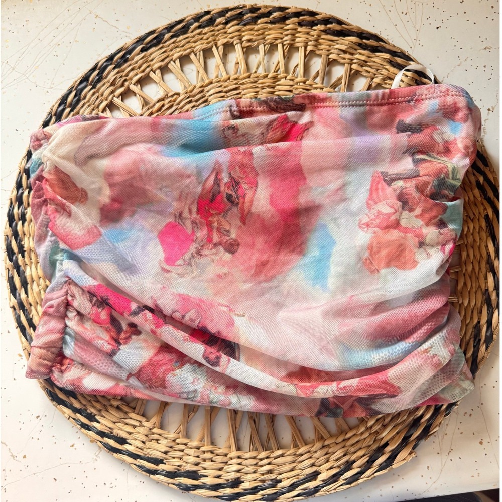 QY Floral Mesh Ruched Tube Top Pink Blue Strapless Crop Top Medium Y2K